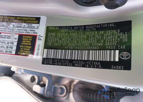 2014 Toyota Camry Se из США, поврежденный, VIN 4T1BF1FK5EU399960